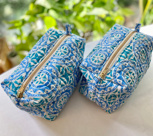 Moroccan tile in aqua and blue wash bag
