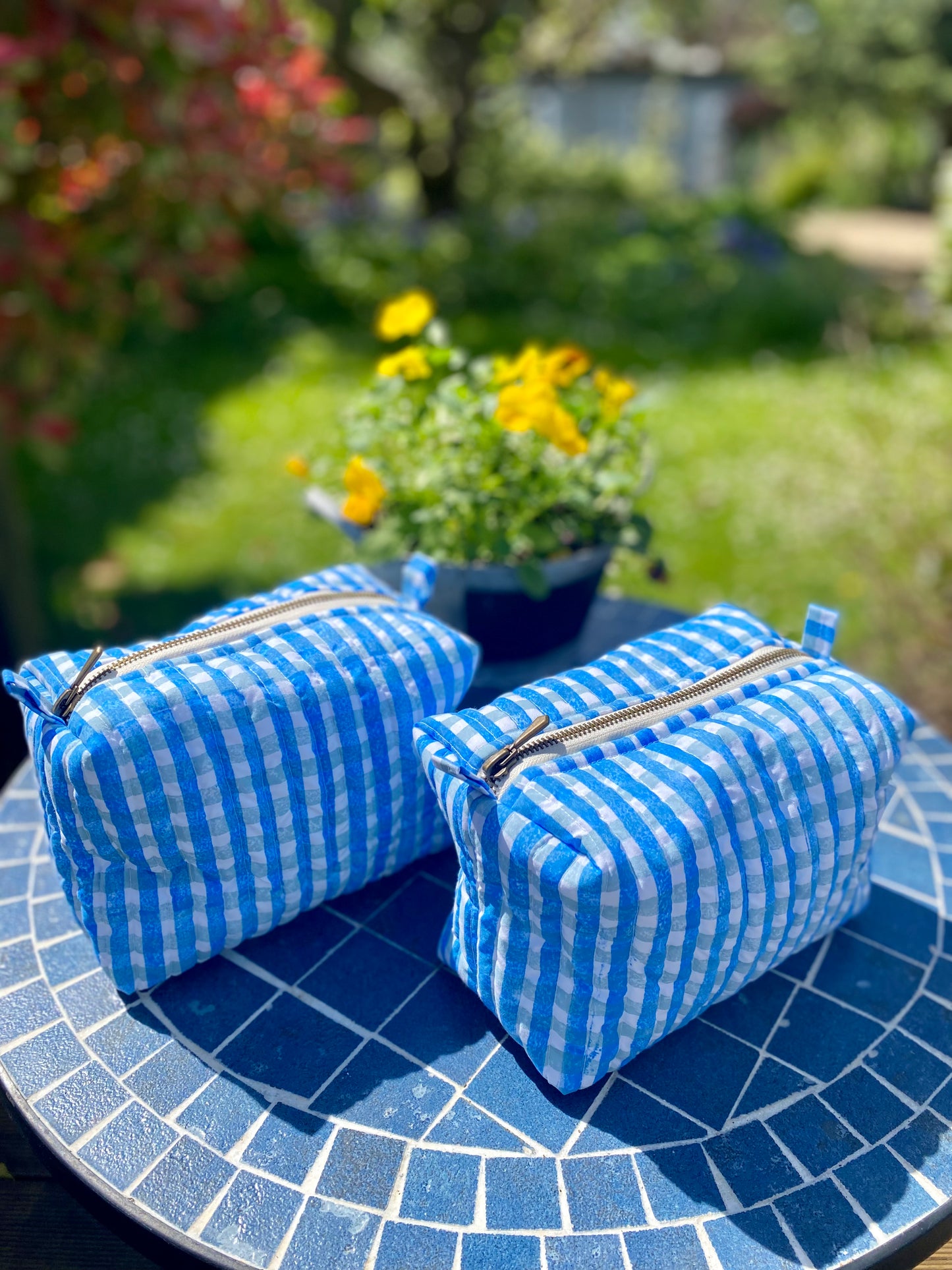 Blue gingham wash bag