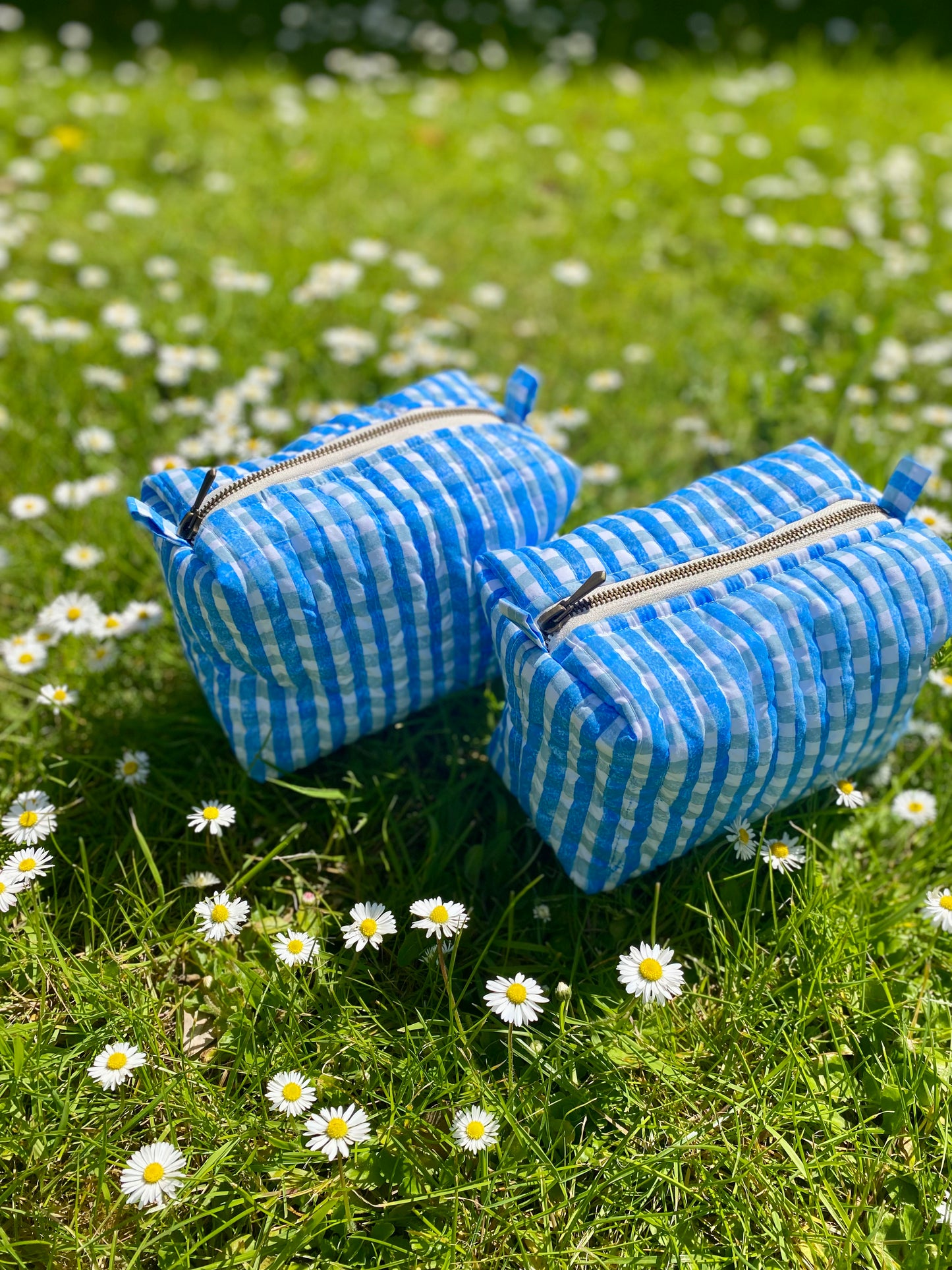 Blue gingham wash bag